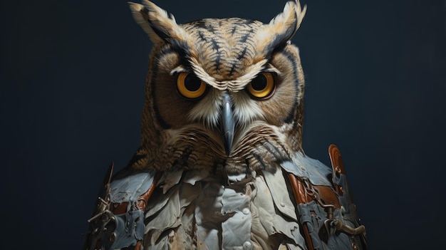 Un gran búho águila con un traje de madera oxidada Una pintura fotorrealista de Mike Campau