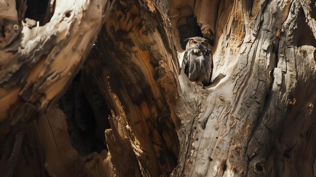 Un gran búho de cuernos se alza en un tronco hueco de árbol sus plumas se mezclan perfectamente con la corteza