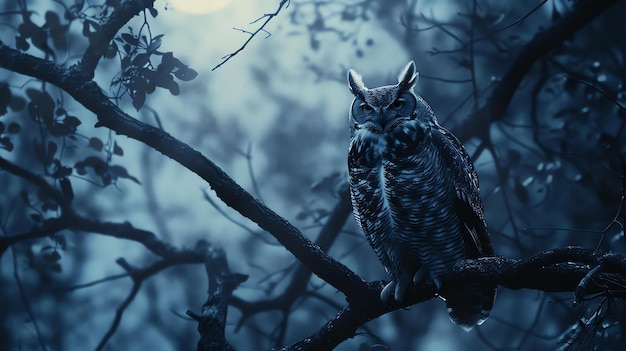 Un gran búho con cuernos posado en un árbol por la noche sus plumas se mezclan con la oscuridad