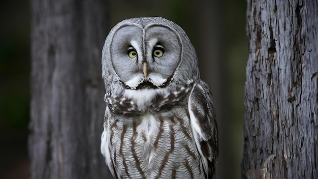 El gran búho gris en el bosque