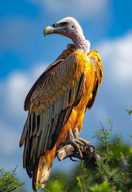 Foto un gran buitre se sienta en una rama contra el cielo.