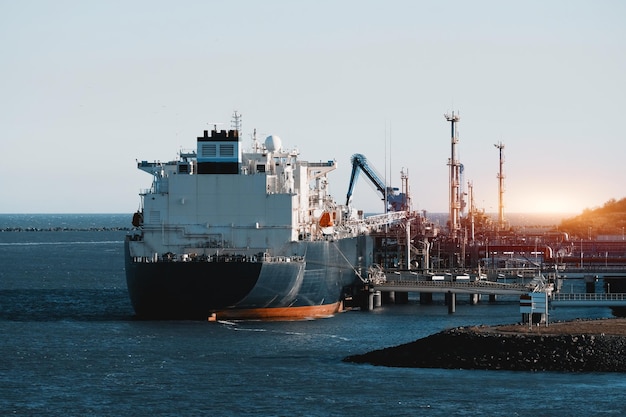 Gran buque cisterna de GNL durante las operaciones de carga en la terminal de gas en alta mar