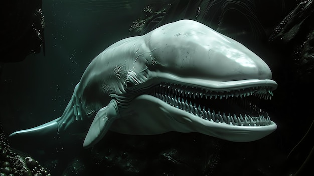 Foto un gran cachalote blanco con dientes afilados nada en el profundo mar azul el cuerpo de la ballena está cubierto de cicatrices y sus ojos son de un azul profundo y penetrante