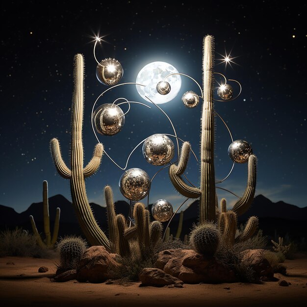 un gran cactus con una luna en el fondo