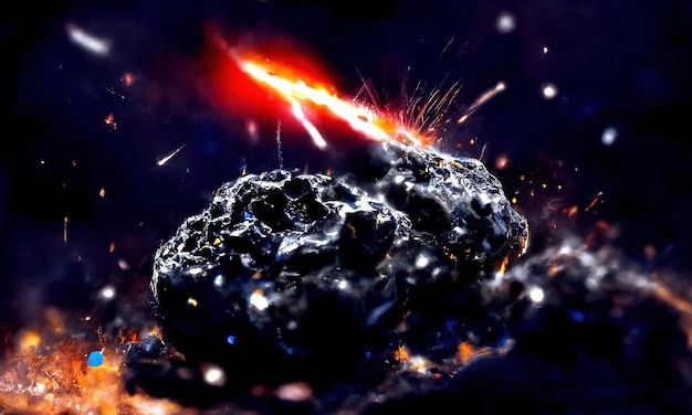 Gran caída de meteoritos en el planeta Meteorito Explosión de chispas y fuego Onda explosiva de big bang por colisión de meteorito Fondo de galaxia negra 3d render