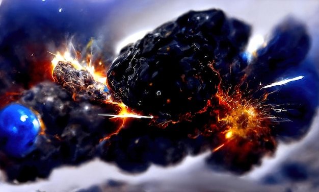 Gran caída de meteoritos en el planeta Meteorito Explosión de chispas y fuego Onda explosiva de big bang por colisión de meteorito Fondo de galaxia negra 3d render