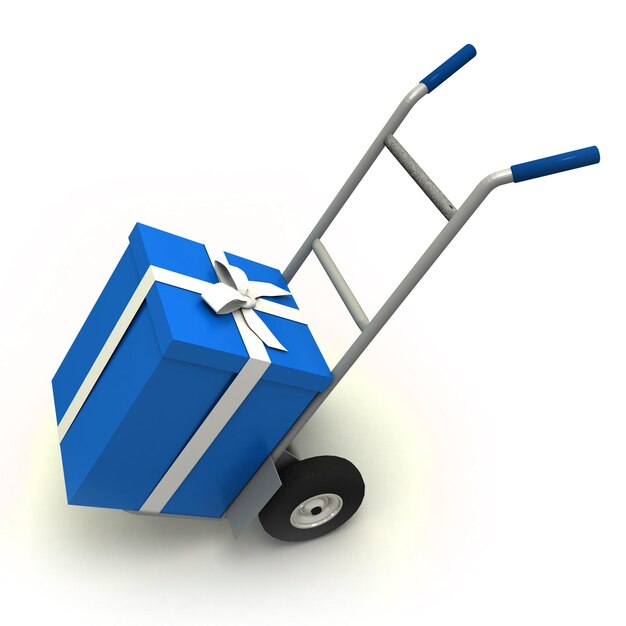 Gran caja de regalo azul en un carrito de empuje