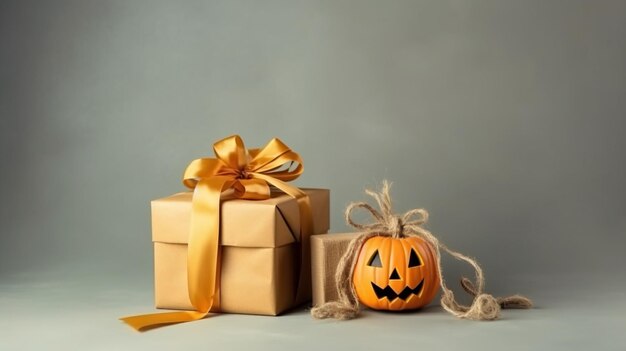 Foto gran caja de regalos de halloween para la fiesta de halloween caja de embalaje cerca de la calabaza en el fondo