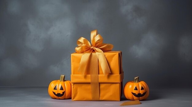 Gran caja de regalos de Halloween para la fiesta de Halloween caja de embalaje cerca de la calabaza en el fondo