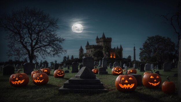 Foto gran calabaza de halloween en la tumba en una noche de luna llena en el cementerio detrás del viejo castillo en la noche de halloween de octubre
