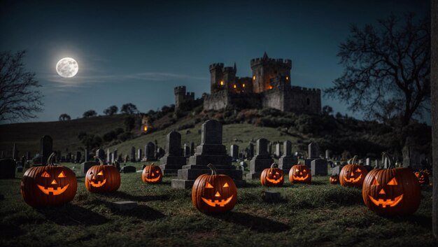 Gran calabaza de Halloween en la tumba en una noche de luna llena en el cementerio en octubre