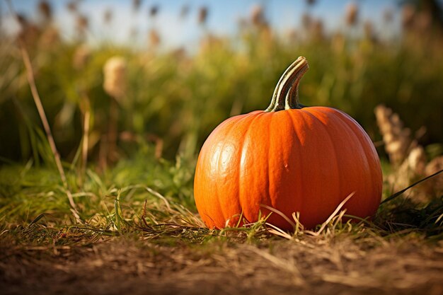 Gran calabaza naranja descansando en la hierba verde en un día soleado cerca de la calabaza arrancada en el suelo con el sol