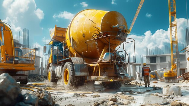 Foto un gran camión amarillo y un mezclador de hormigón en acción en el sitio de construcción