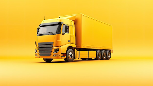 Un gran camión amarillo se muestra desde el lado en un fondo amarillo El camión tiene un gran remolque y ventanas negras El camión no se mueve