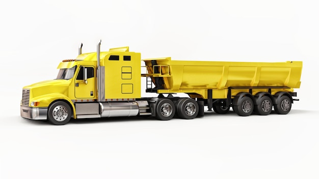 Gran camión americano amarillo con un camión volquete tipo remolque para transportar carga a granel sobre un fondo blanco. Ilustración 3D.