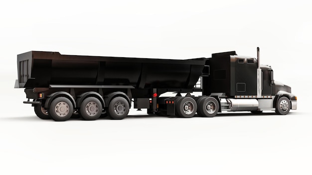 Gran camión americano negro con un camión volquete tipo remolque para transportar carga a granel sobre un fondo blanco. Ilustración 3D.