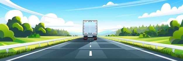 Un gran camión blanco conduce por una autopista con un horizonte abierto y un cielo azul Árboles y campos de hierba se alinean a los lados de la carretera IA generativa
