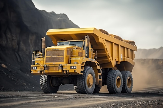 El gran camión de carbón amarillo funciona con precisión en el sitio de trabajo