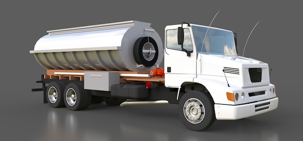 Gran camión cisterna blanco con un remolque de metal pulido. Vistas desde todos los lados. Ilustración 3D.
