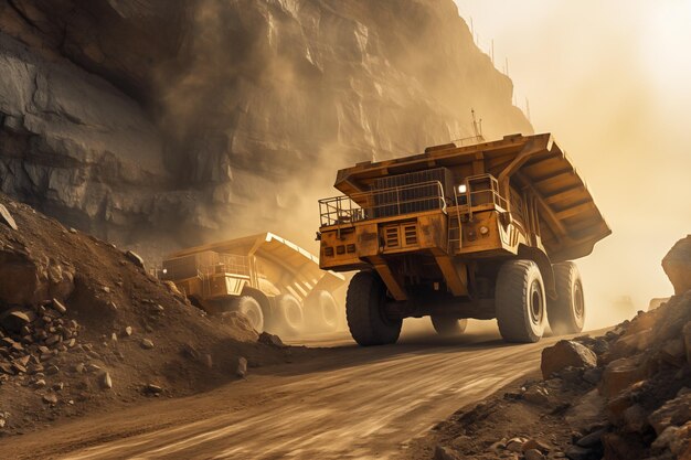 Gran camión de descarga amarillo que transporta arena en una cantera de minería a cielo abierto