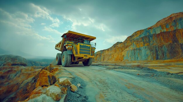 Foto gran camión de descarga conduciendo a lo largo de un camino de tierra polvoriento en el área de minería minería de carbón a cielo abierto panorama minería de carbono