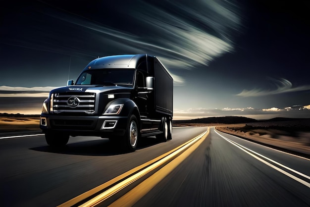 Foto gran camión de una manera creativa por la noche con las luces de remolque en la iluminación está en el conce de envío