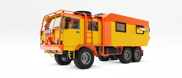 Gran camión naranja preparado para expediciones largas y desafiantes en áreas remotas ilustración 3d