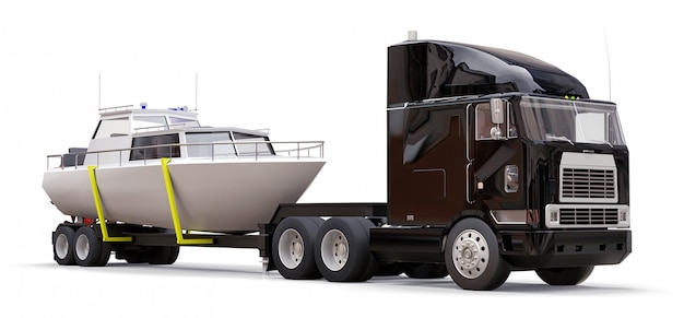 Un gran camión negro con un remolque para transportar un barco sobre un fondo blanco.
