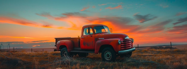 Foto un gran camión rojo se sienta afuera al atardecer