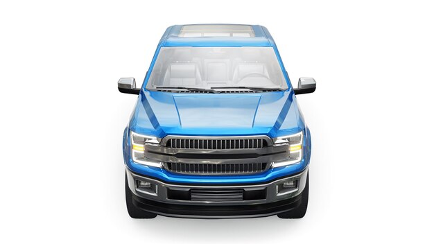 Una gran camioneta azul moderna con cabina doble, faros brillantes sobre un fondo uniforme blanco. representación 3d