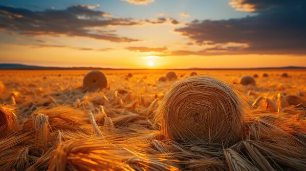 Gran campo con fardos de paja al atardecer