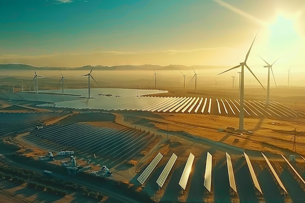 Un gran campo de paneles solares con turbinas eólicas en el fondo IA generativa