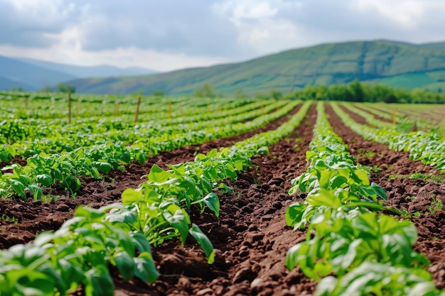 Un gran campo de plantas verdes con montañas en el fondo