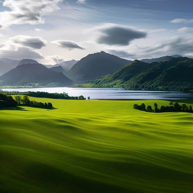 Un gran campo verde con un lago y montañas en el fondo