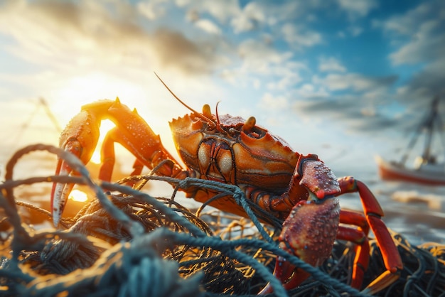 Un gran cangrejo se sienta en una red de pesca en un arrastre de primer plano de la pesca industrial y la pesca de cangrejos en el s