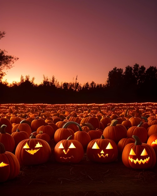 una gran cantidad de calabazas están alineadas en un campo con la puesta de sol detrás de ellas.