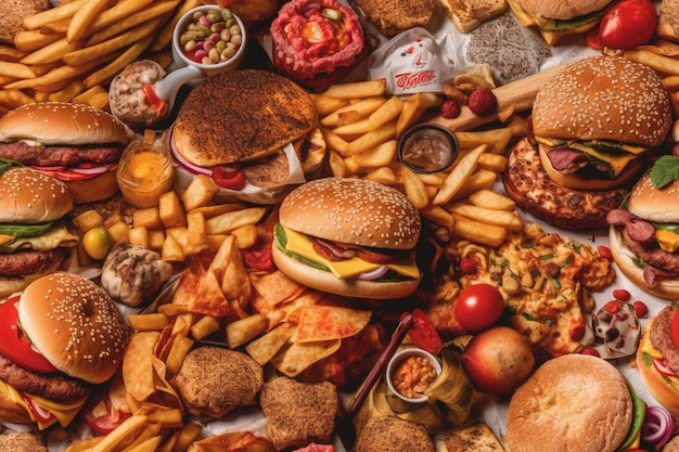 Una gran cantidad de comida chatarra que incluye hamburguesas, papas fritas y una taza de coca cola.