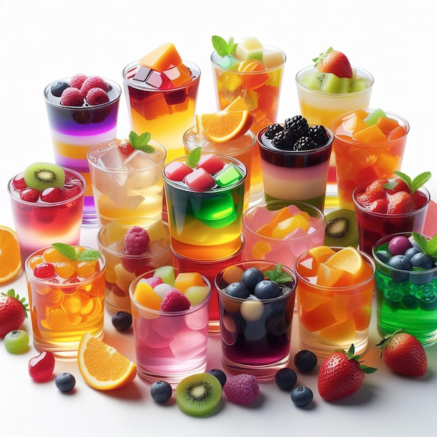 Foto una gran cantidad de jalea de frutas dulces de color en un vaso aislado sobre un fondo blanco