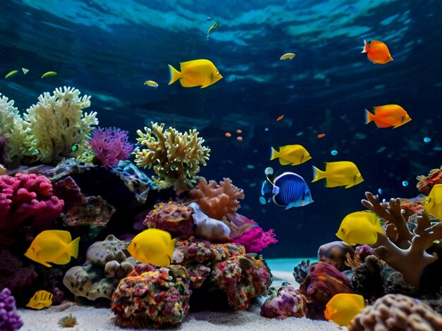 una gran cantidad de peces en un tanque con corales y corales