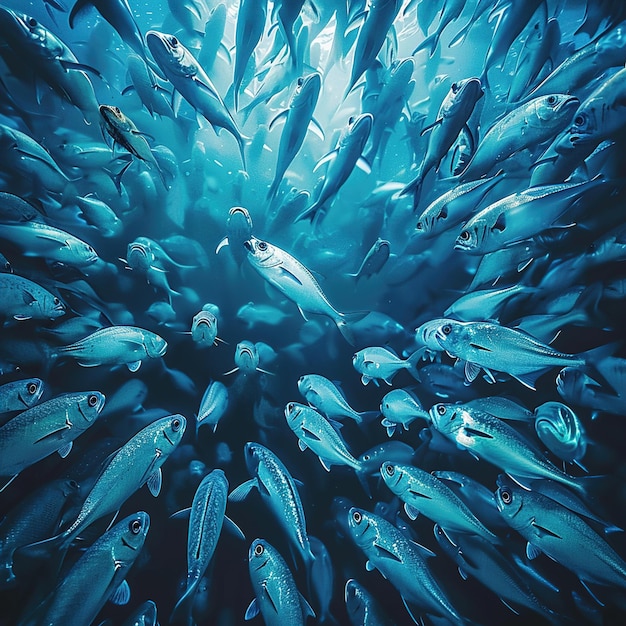 Foto una gran cantidad de pescado en un tanque grande con la palabra pescado en la parte inferior