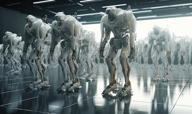 Gran cantidad de robots en un laboratorio o hangar Tecnología de IA futurista IA generativa