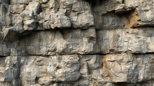 Una gran cara de roca con mucha textura y detalle La roca es de color gris claro y tiene muchas grietas y grietas