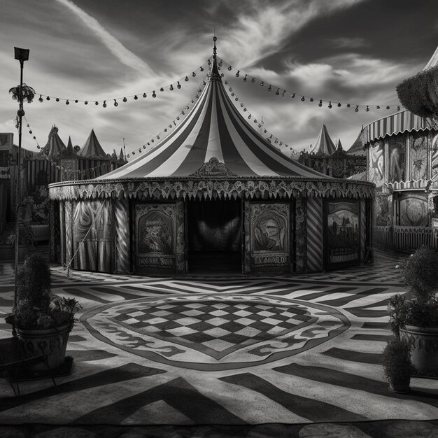 Foto una gran carpa de circo está en medio de un patio.