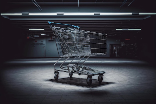 Gran carrito de compras gris y negro en el supermercado