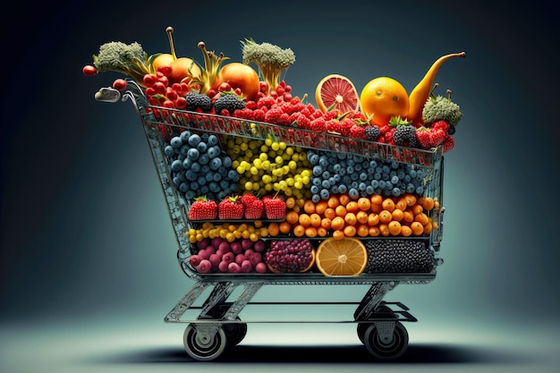 Gran carrito de compras lleno de bayas y frutas saludables