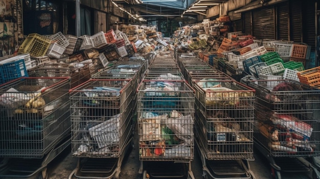 Un gran carrito de compras lleno de comida de la tienda de comestibles.