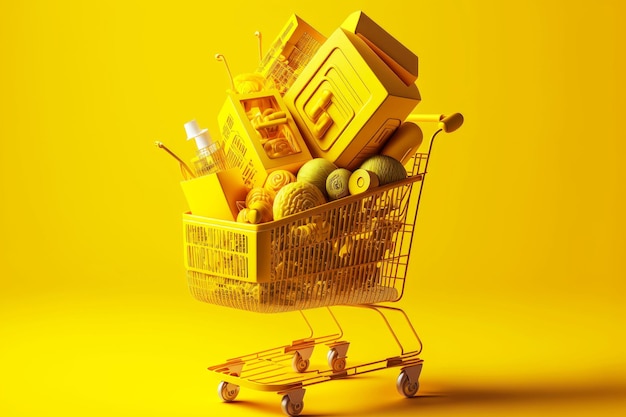 Gran carrito de compras pesado con mercancías sobre fondo amarillo