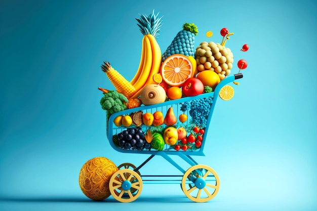 Gran carrito de compras con verduras y frutas sobre fondo azul.