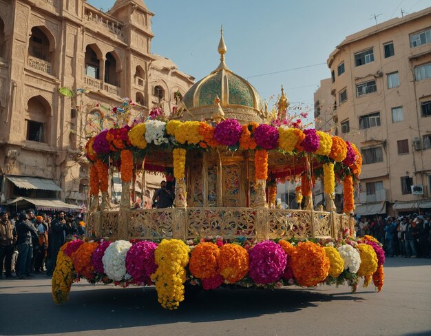 un gran carruaje dorado y blanco con flores en él