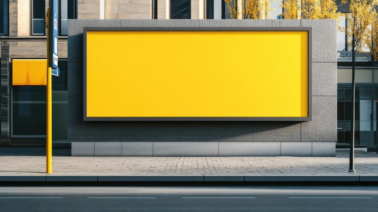 Gran cartel amarillo en el exterior del edificio de la ciudad
